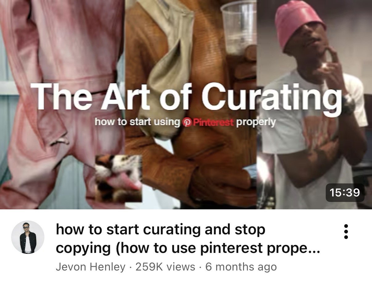 YouTube thumbnail: how to start curating with Pinterest, by Jevon Henley, 259K views.